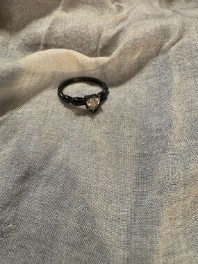 Black Ring with Heart-Cut Clear Stone - Women Jewelry